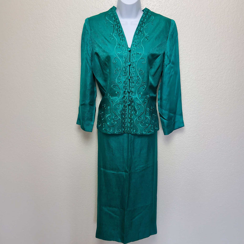 Adrianna Papell Green 2-Piece Silk Skirt Suit, Women's Size 12 - Trinity Thrift