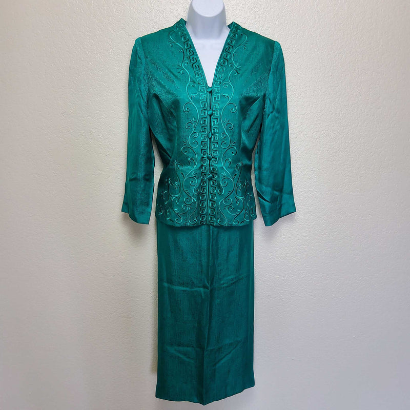 Adrianna Papell Green 2-Piece Silk Skirt Suit, Women's Size 12 - Trinity Thrift