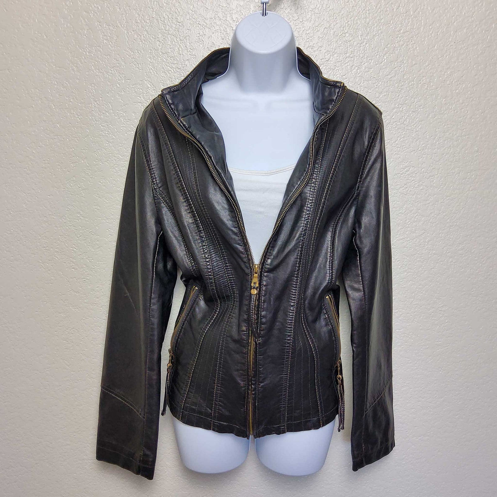 Big Chill Vintage Coffee Brown Faux Leather Jacket Women s Large