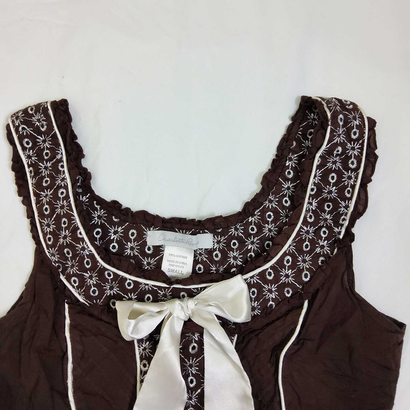 Charlotte Russe Brown Tank with Bow and White Embroidery, Women's Size Small - Trinity Thrift