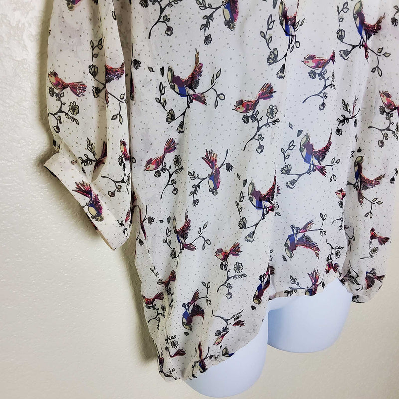 Charlotte Russe Cream Sheer Bird Print Blouse, Women's Small - Trinity Thrift