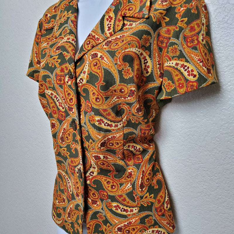 David Warren New York Orange and Green Paisley Blouse, Women's Size 12