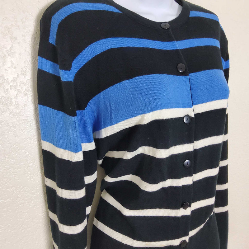 Dressbarn Bllack, Blue and White Striped Button-up Sweater, Women's Medium - Trinity Thrift