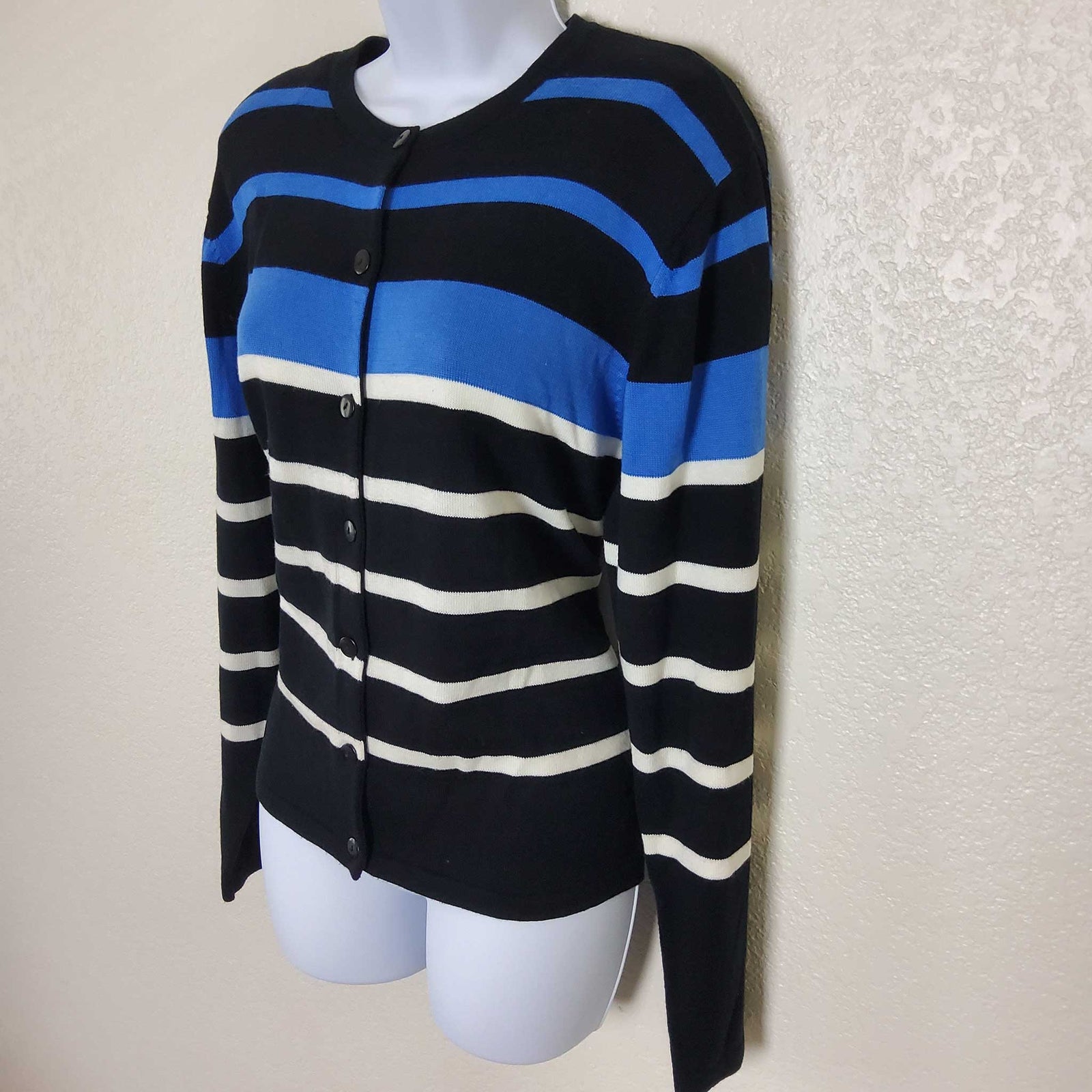 Dressbarn Black, Blue and White Striped Button-up Sweater, Women's Med –  Trinity Thrift