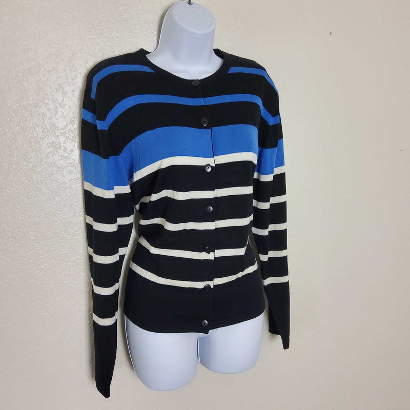 Dressbarn Bllack, Blue and White Striped Button-up Sweater, Women's Medium - Trinity Thrift