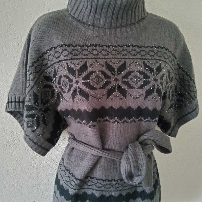 Dressbarn Collection Grey Turtleneck Belted Sweater with Sequins, Women's Medium - Trinity Thrift