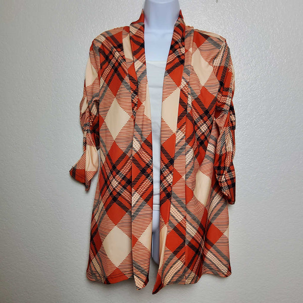 Lily by Firmiana Orange Plaid Open Front Cardigan, Women's Large - Trinity Thrift