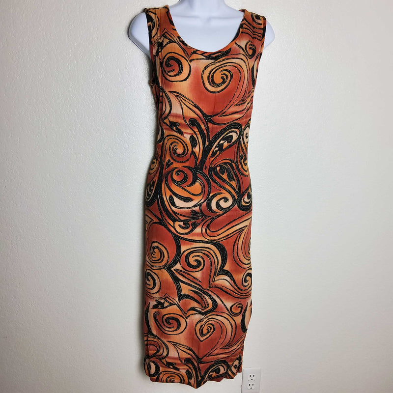 Gabrielle Burnt Orange Geometric Swirl Print Tank Sun Dress, Women's Size 6 - Trinity Thrift