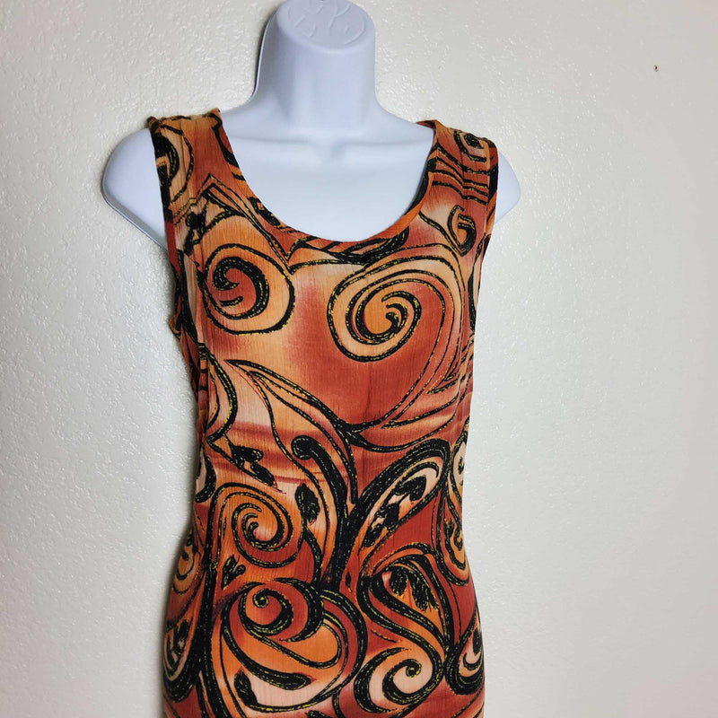 Gabrielle Burnt Orange Geometric Swirl Print Tank Sun Dress, Women's Size 6 - Trinity Thrift