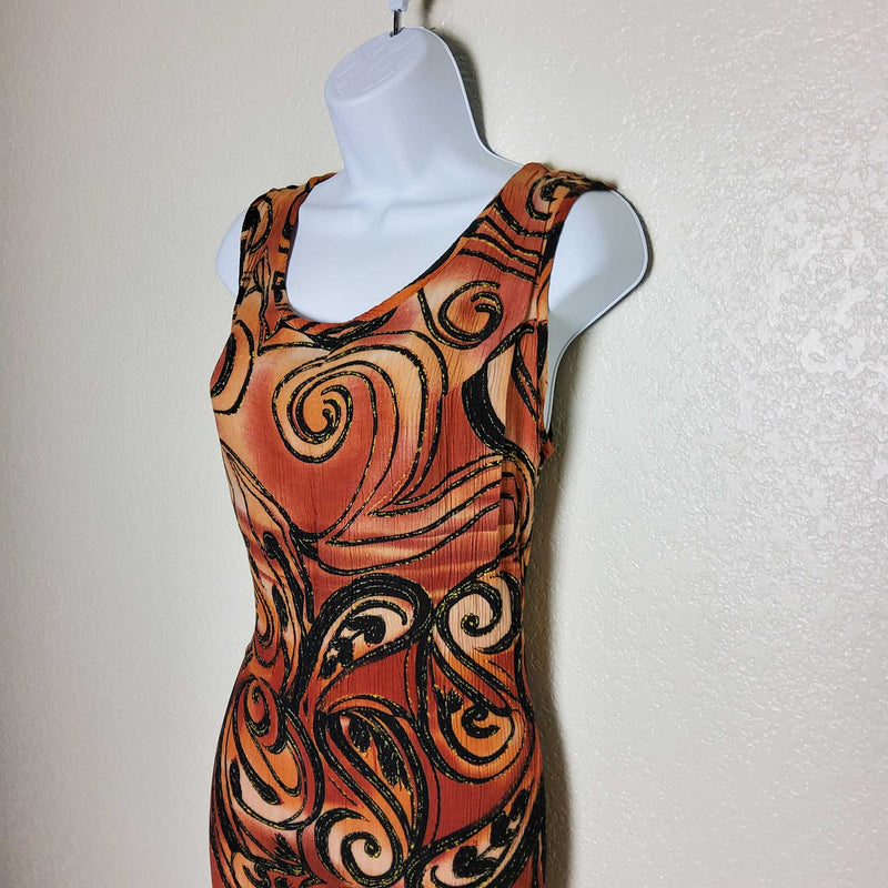 Gabrielle Burnt Orange Geometric Swirl Print Tank Sun Dress, Women's Size 6 - Trinity Thrift