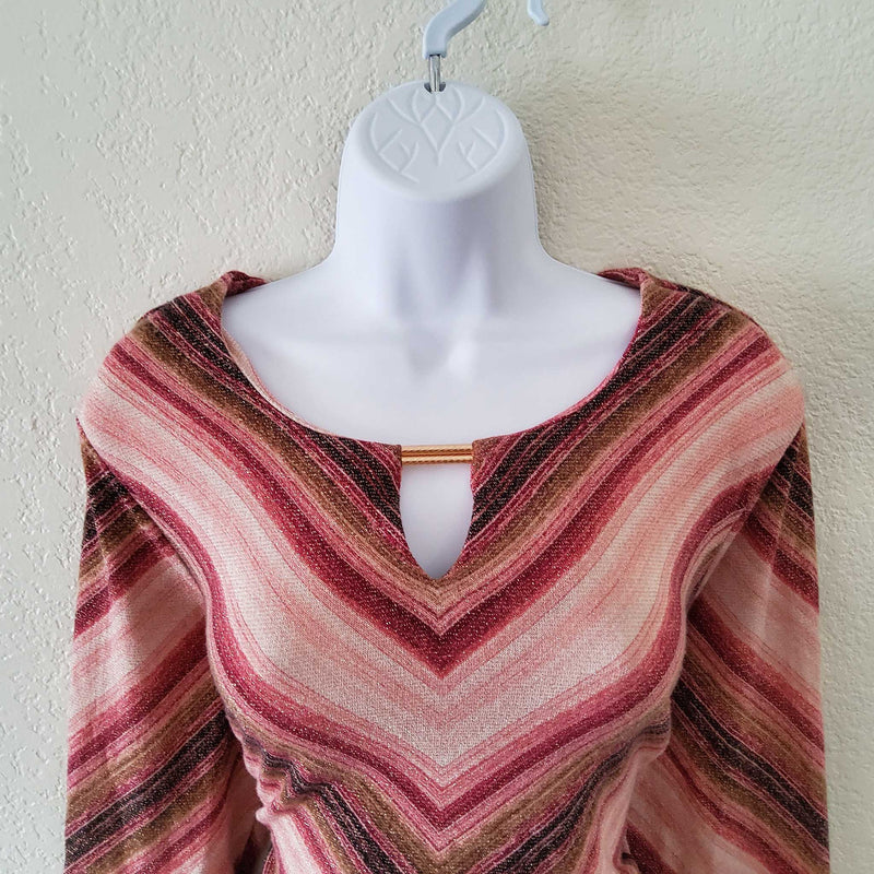 JM Collection Pink and Maroon Striped Blouse with Metallic Threading, Women's Large - Trinity Thrift