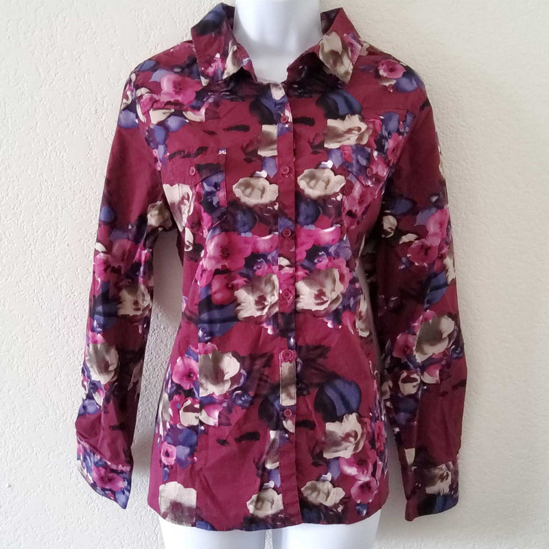 Jeans by Buffalo Maroon Floral Button-up Blouse, Women's Large - Trinity Thrift