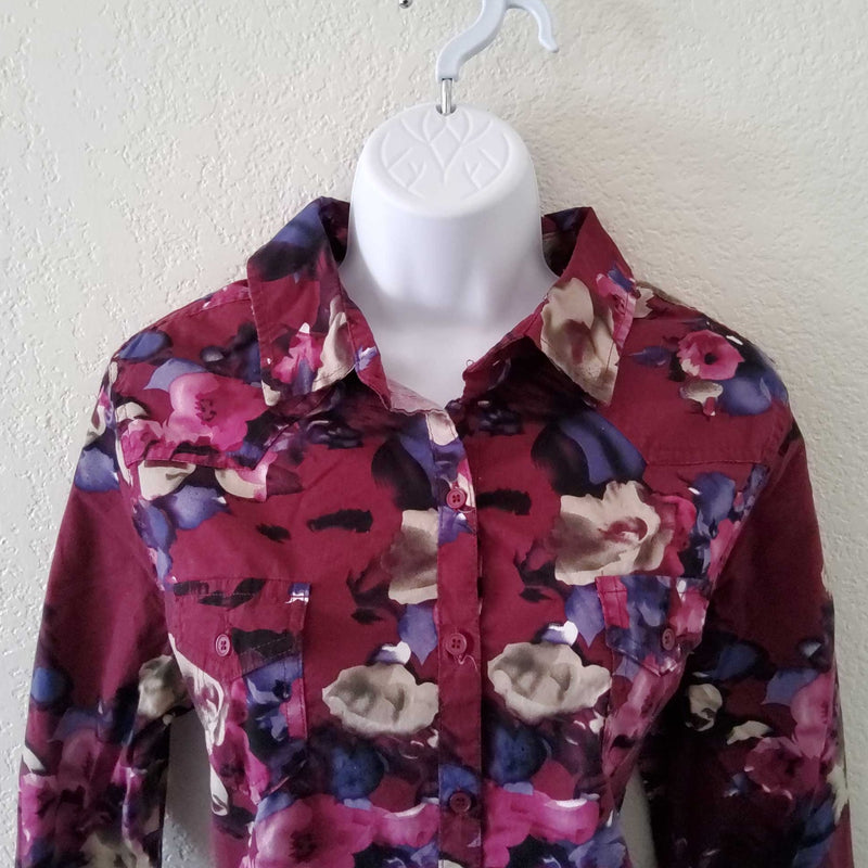 Jeans by Buffalo Maroon Floral Button-up Blouse, Women's Large - Trinity Thrift