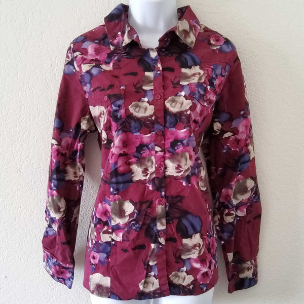 Jeans by Buffalo Maroon Floral Button-up Blouse, Women's Large - Trinity Thrift