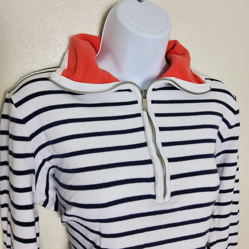 Jones New York Blue and White Striped Half-Zip Sweater with Red Collar, Women's Large - Trinity Thrift