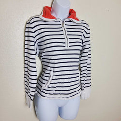 Jones New York Blue and White Striped Half-Zip Sweater with Red Collar, Women's Large - Trinity Thrift