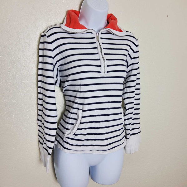 Jones New York Blue and White Striped Half-Zip Sweater with Red