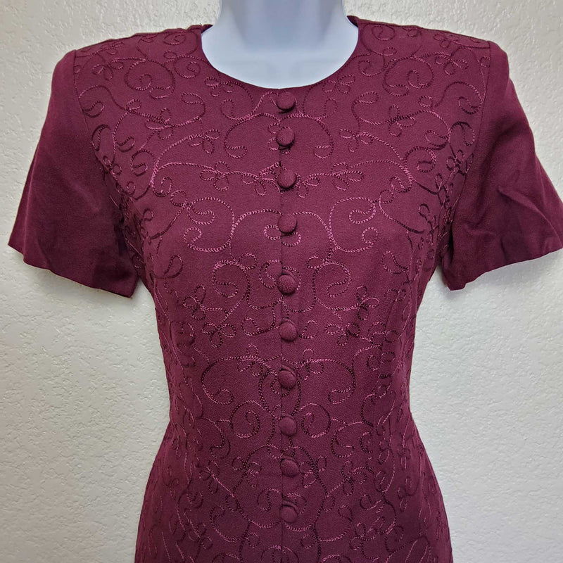 Karin Stevens Maroon Embroidered Dress, Women's Petite Size 6 - Trinity Thrift