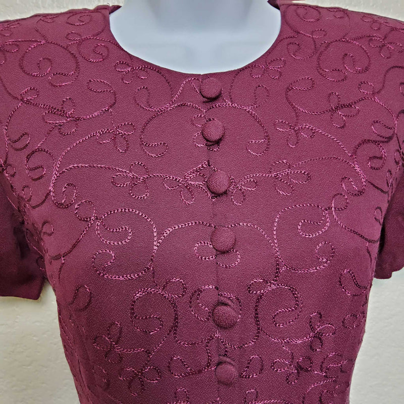 Karin Stevens Maroon Embroidered Dress, Women's Petite Size 6 - Trinity Thrift