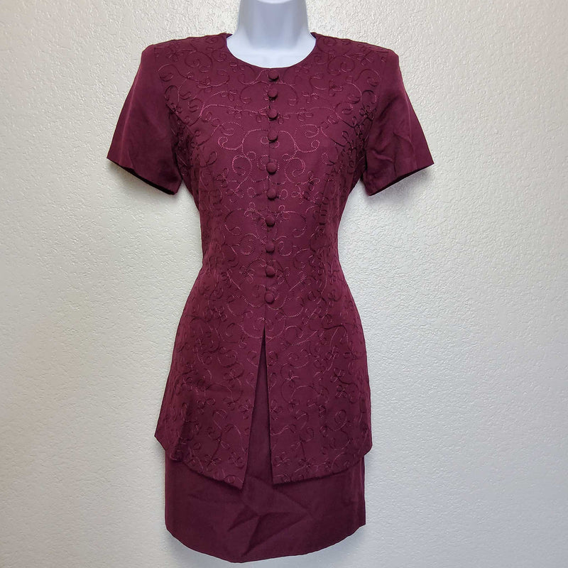 Karin Stevens Maroon Embroidered Dress, Women's Petite Size 6 - Trinity Thrift