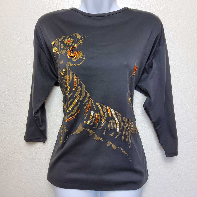 Le Chois Brown Sequined Tiger Blouse, Women's Large - Trinity Thrift