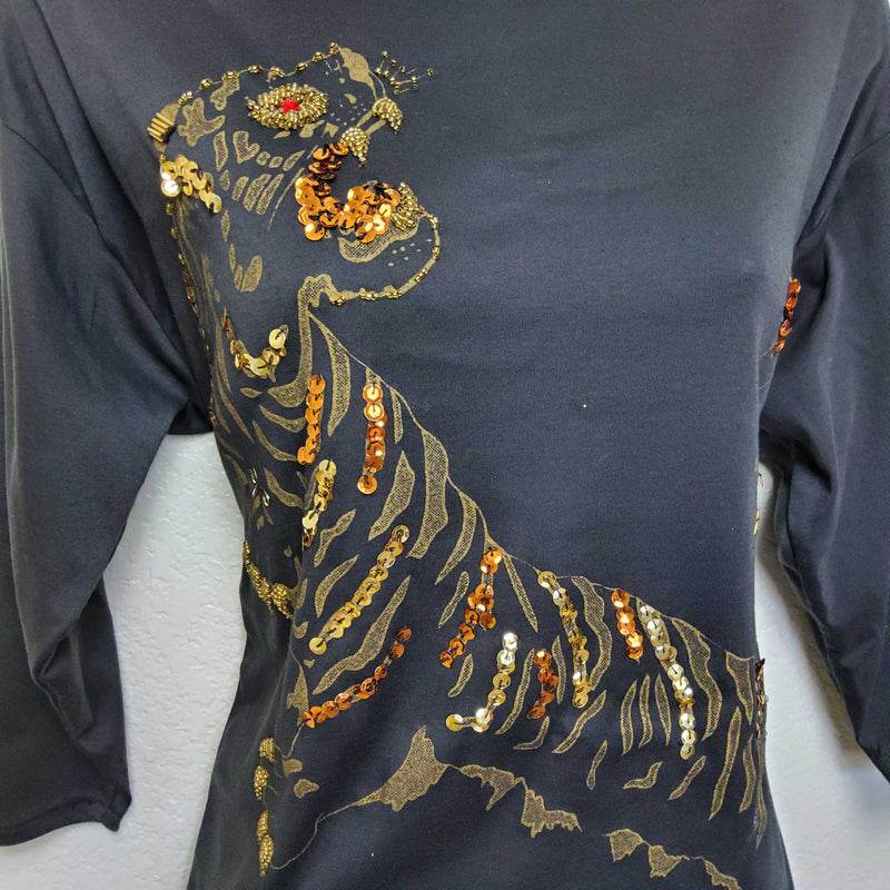 Le Chois Brown Sequined Tiger Blouse, Women's Large - Trinity Thrift