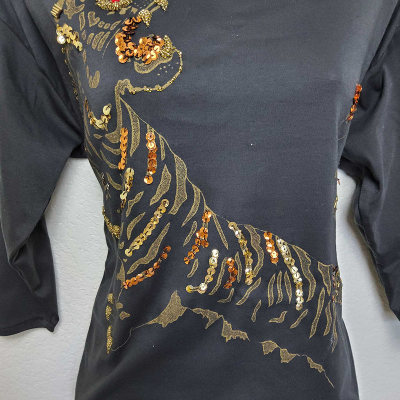 Le Chois Brown Sequined Tiger Blouse, Women's Large - Trinity Thrift