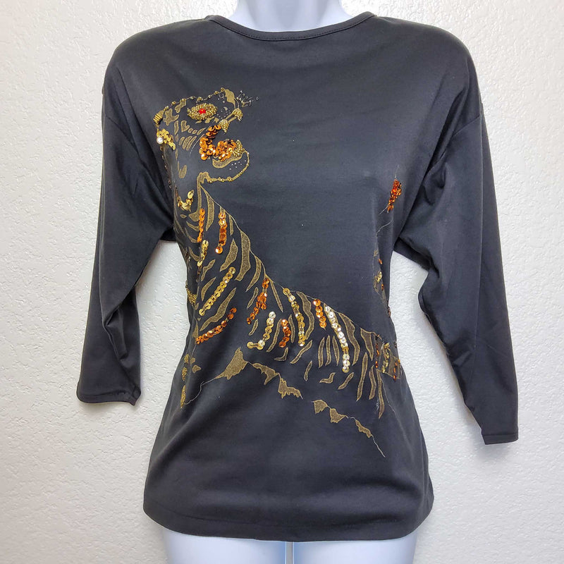 Le Chois Brown Sequined Tiger Blouse, Women's Large - Trinity Thrift