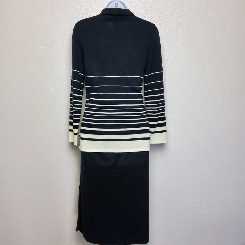 Leslie Fay Black and White Striped Two-Piece Sweater Skirt Set, with attached Scarf, Women's Petite Small - Trinity Thrift