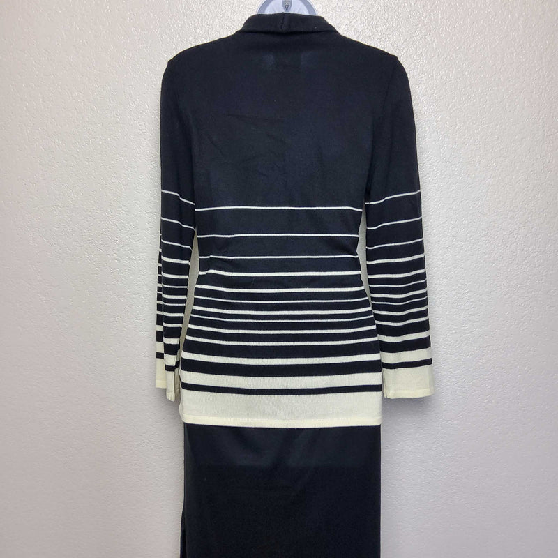 Leslie Fay Black and White Striped Two-Piece Sweater Skirt Set, with attached Scarf, Women's Petite Small - Trinity Thrift