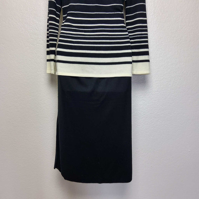 Leslie Fay Black and White Striped Two-Piece Sweater Skirt Set, with attached Scarf, Women's Petite Small - Trinity Thrift