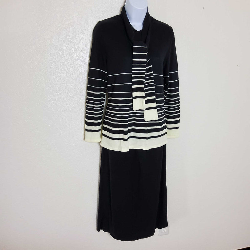 Leslie Fay Black and White Striped Two-Piece Sweater Skirt Set, with attached Scarf, Women's Petite Small - Trinity Thrift