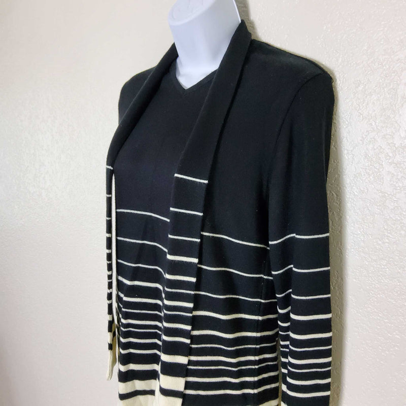 Leslie Fay Black and White Striped Two-Piece Sweater Skirt Set, with attached Scarf, Women's Petite Small - Trinity Thrift