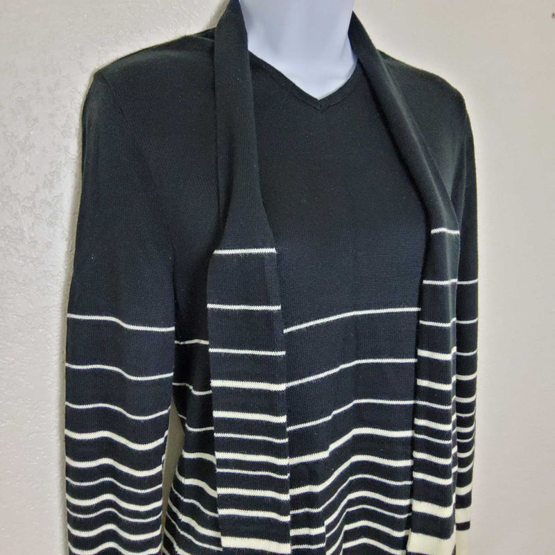 Leslie Fay Black and White Striped Two-Piece Sweater Skirt Set, with attached Scarf, Women's Petite Small - Trinity Thrift