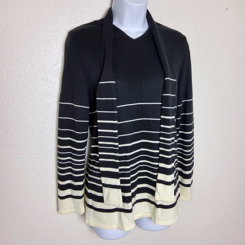 Leslie Fay Black and White Striped Two-Piece Sweater Skirt Set, with attached Scarf, Women's Petite Small - Trinity Thrift