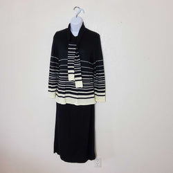 Leslie Fay Black and White Striped Two-Piece Sweater Skirt Set, with attached Scarf, Women's Petite Small - Trinity Thrift