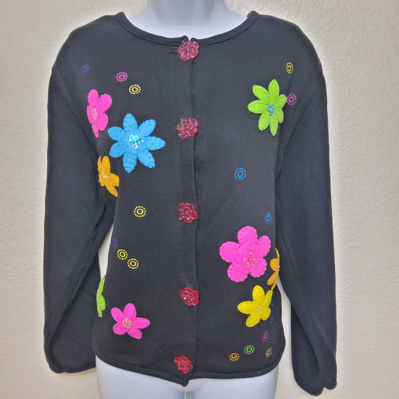 OnQue Casuals Black Button-up Sweater with Flower Patches, Women's Large - Trinity Thrift