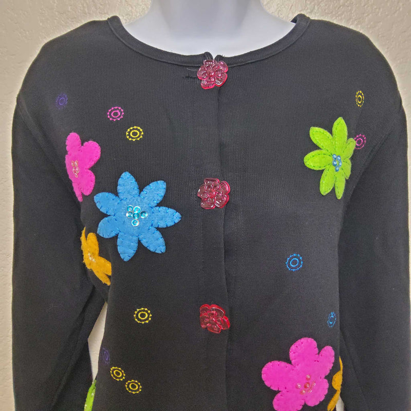 OnQue Casuals Black Button-up Sweater with Flower Patches, Women's Large - Trinity Thrift