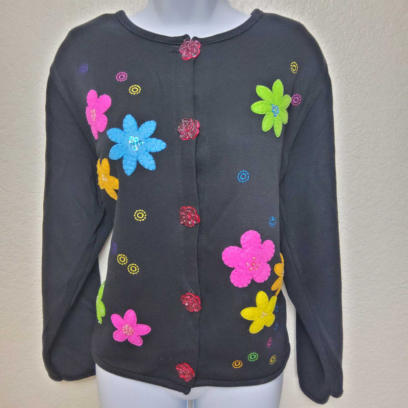 OnQue Casuals Black Button-up Sweater with Flower Patches, Women's Large - Trinity Thrift