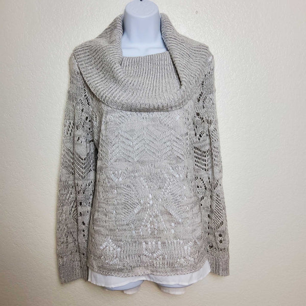 Park Slope Silver Cowl Neck Sweater with Metallic Embroidery and Camisole Lining - Trinity Thrift