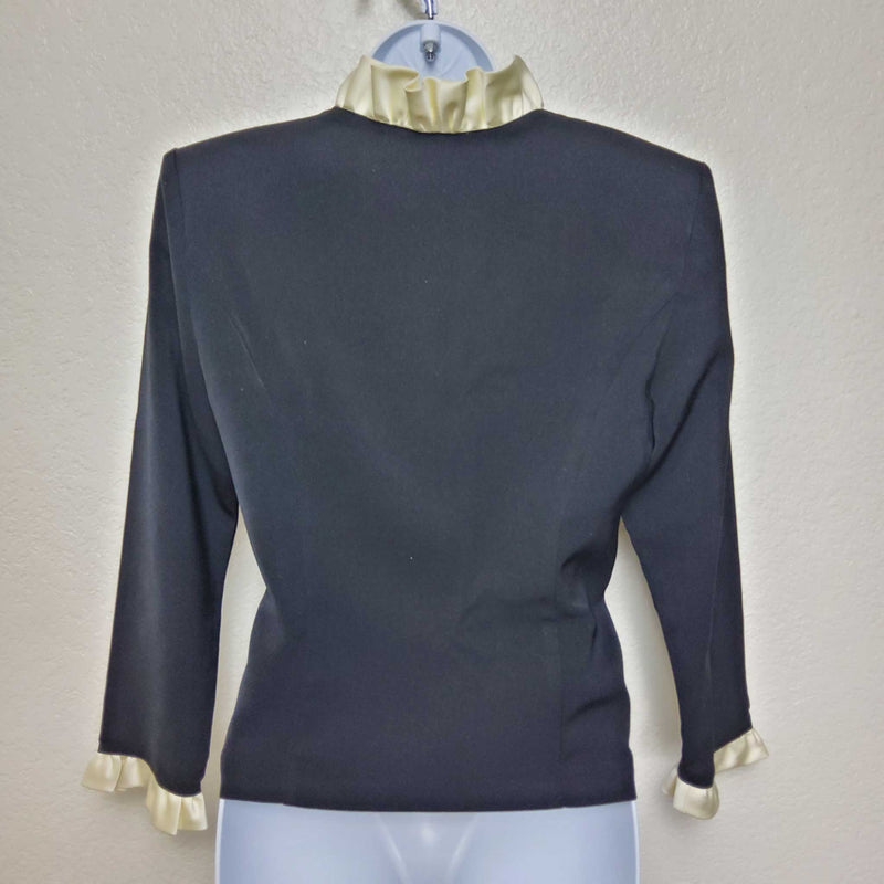 Positive Attitude Black Party Jacket with Cream Ruffle Collar, Women's Petite Size 6 - Trinity Thrift