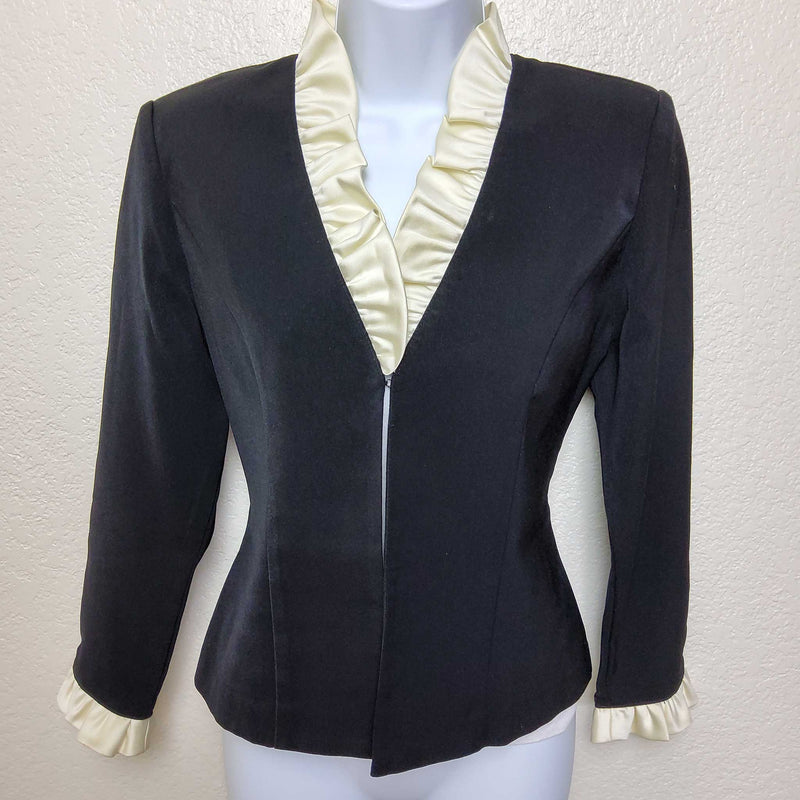 Positive Attitude Black Party Jacket with Cream Ruffle Collar, Women's Petite Size 6 - Trinity Thrift