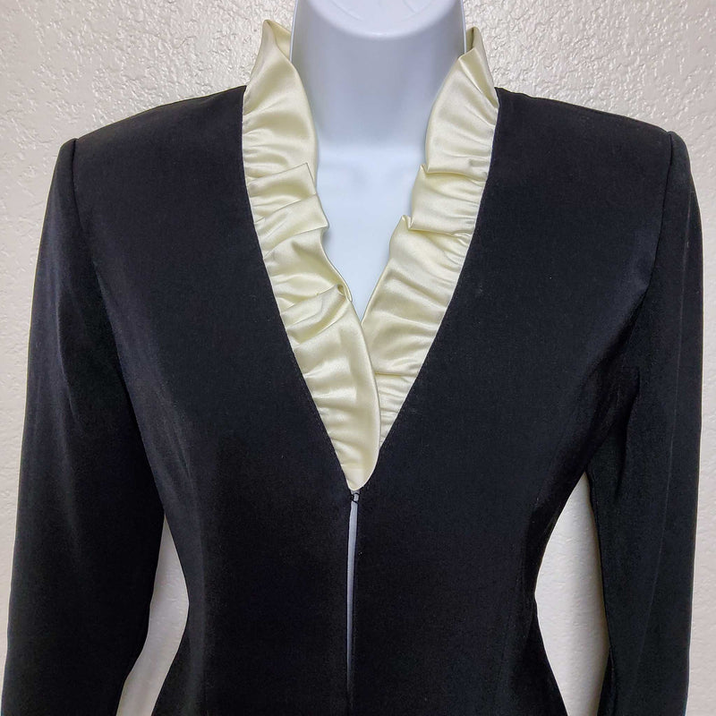 Positive Attitude Black Party Jacket with Cream Ruffle Collar, Women's Petite Size 6 - Trinity Thrift