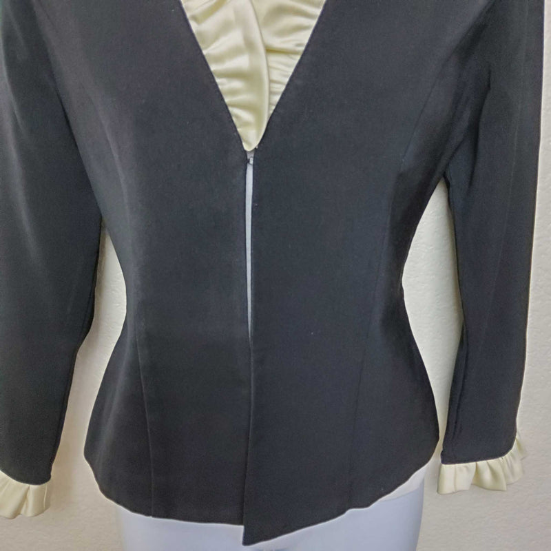 Positive Attitude Black Party Jacket with Cream Ruffle Collar, Women's Petite Size 6 - Trinity Thrift