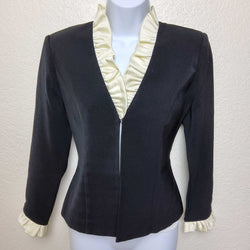 Positive Attitude Black Party Jacket with Cream Ruffle Collar, Women's Petite Size 6 - Trinity Thrift