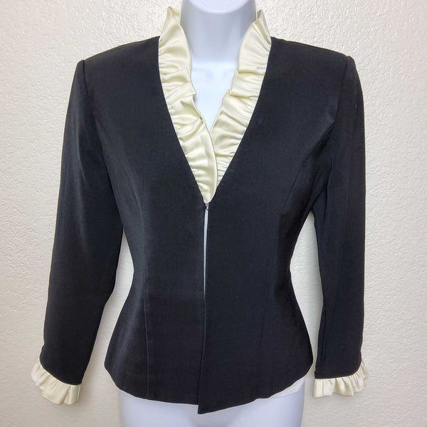 Positive Attitude Black Party Jacket with Cream Ruffle Collar, Women's Petite Size 6 - Trinity Thrift