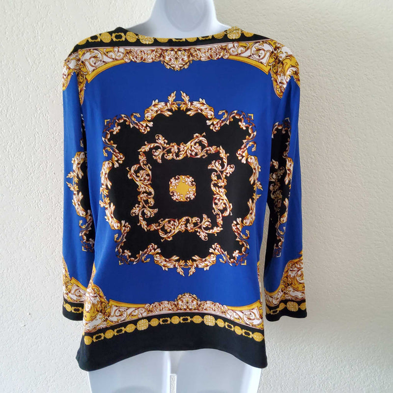 Premise Blue, Black & Gold Blouse with Scoop Neck and Zippered Shoulders, Women's Medium - Trinity Thrift