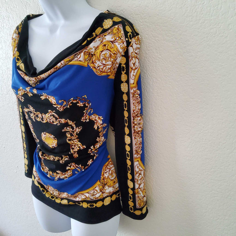 Premise Blue, Black & Gold Blouse with Scoop Neck and Zippered Shoulders, Women's Medium - Trinity Thrift