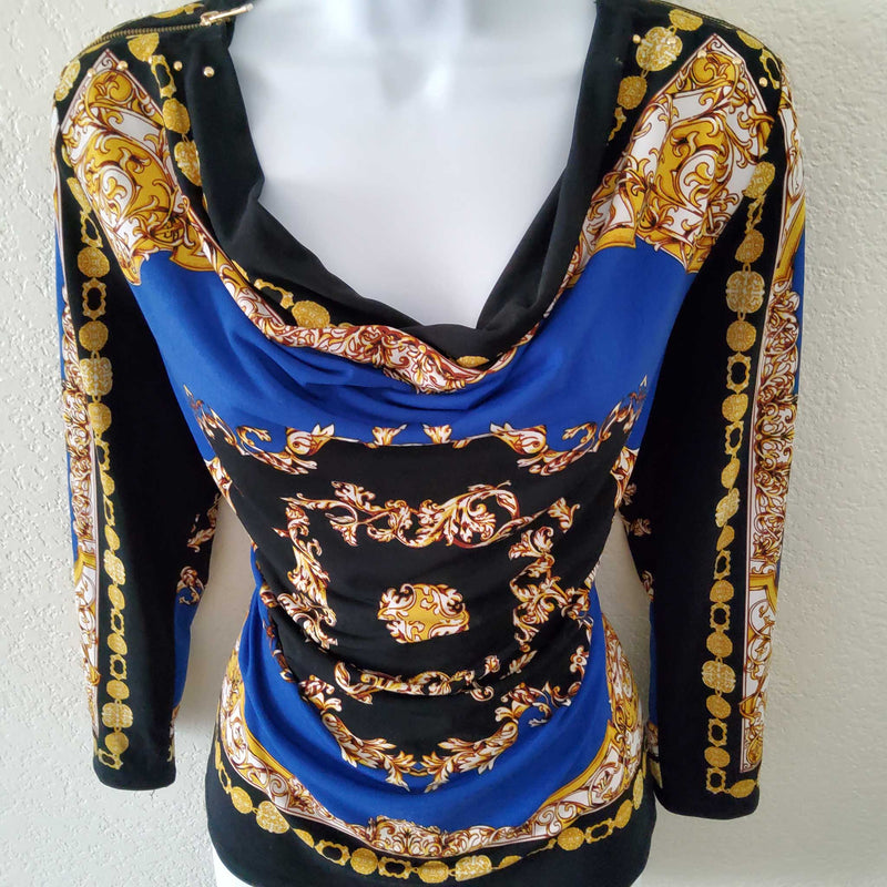 Premise Blue, Black & Gold Blouse with Scoop Neck and Zippered Shoulders, Women's Medium - Trinity Thrift