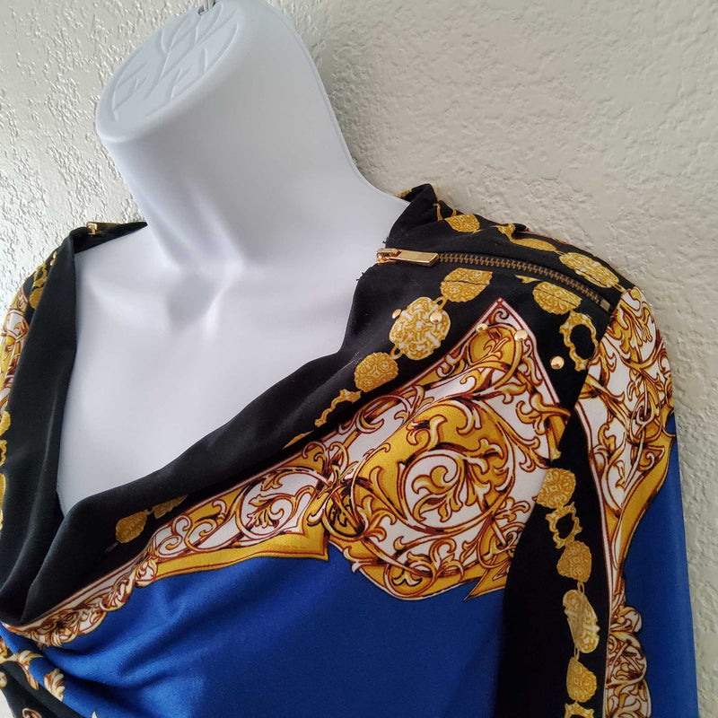 Premise Blue, Black & Gold Blouse with Scoop Neck and Zippered Shoulders, Women's Medium - Trinity Thrift